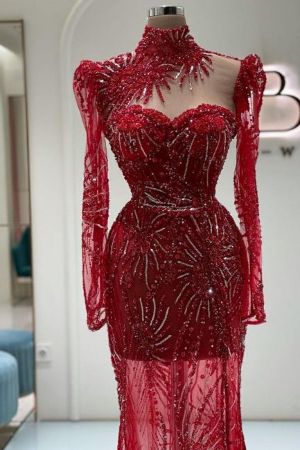 Vintage Column Tulle Sweetheart Long Sleeve Red Prom Evening Dresses With Appliques