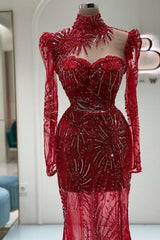 Vintage Column Tulle Sweetheart Long Sleeve Red Prom Evening Dresses With Appliques