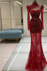 Vintage Column Tulle Sweetheart Long Sleeve Red Prom Evening Dresses With Appliques