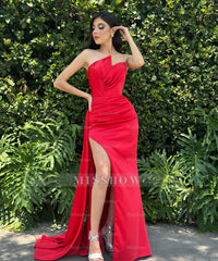 Red strapless ruffled column prom dress