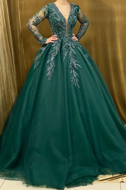 Vintage Green A-Line V-neck Long Sleeves Sequined Ball Gown Tulle Long Evening Dresses With Appliques