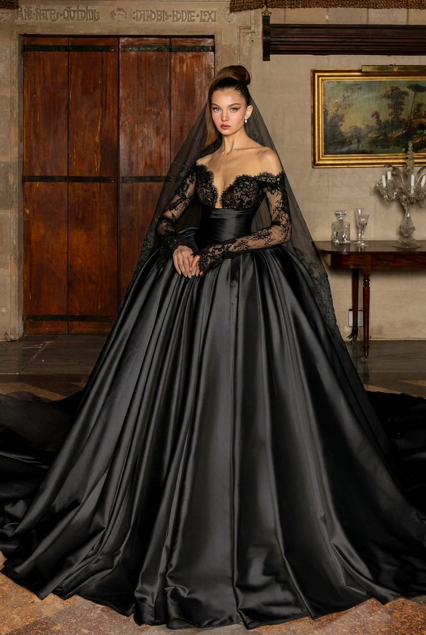Black v-neck applique ball gown wedding dress