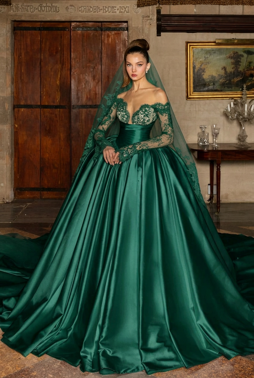 Dark green v-neck applique ball gown wedding dress