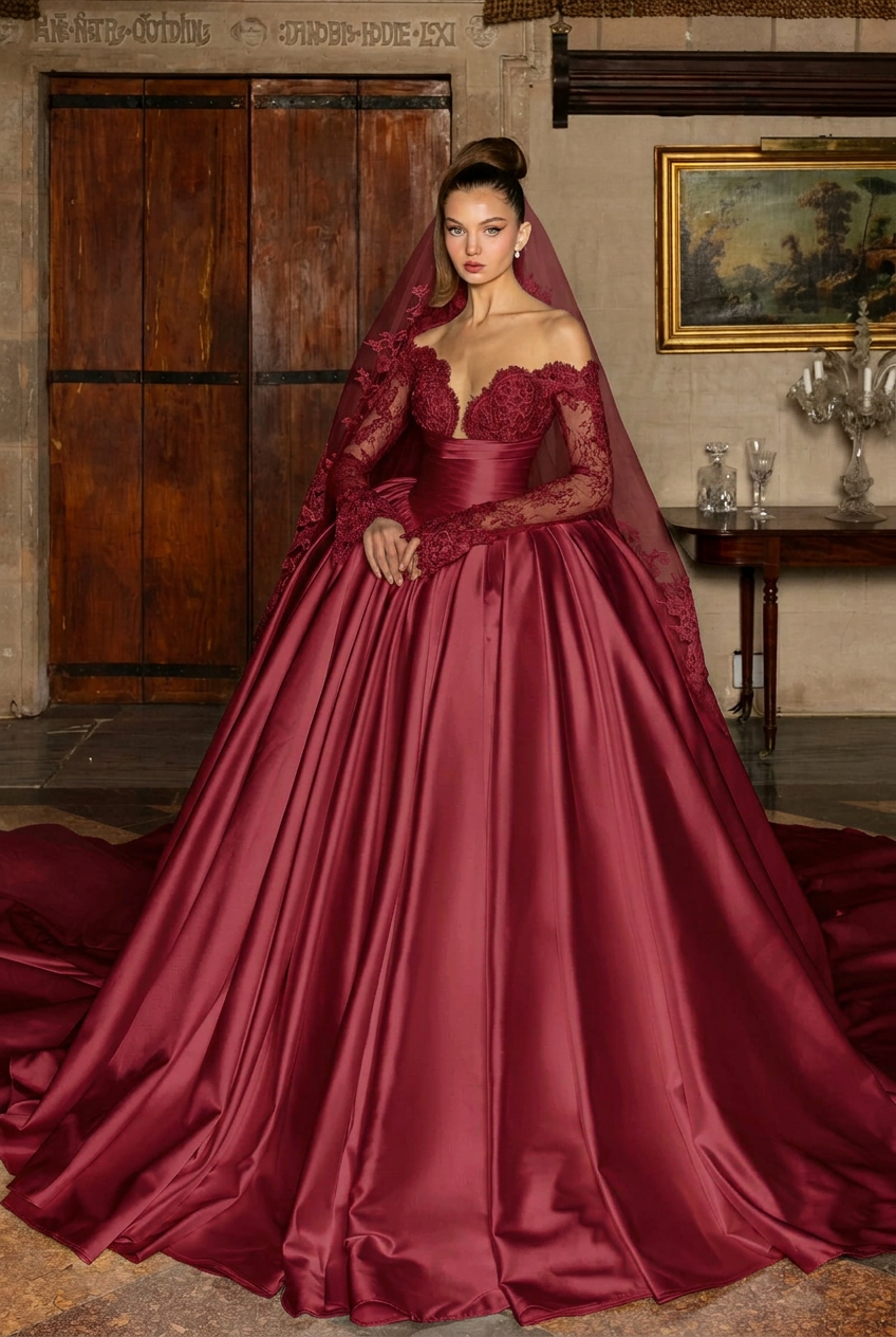Burgundy v-neck applique ball gown wedding dress