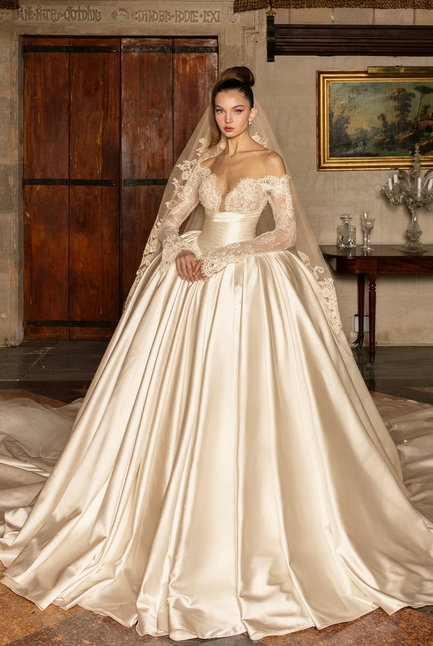 Champagne v-neck applique ball gown wedding dress