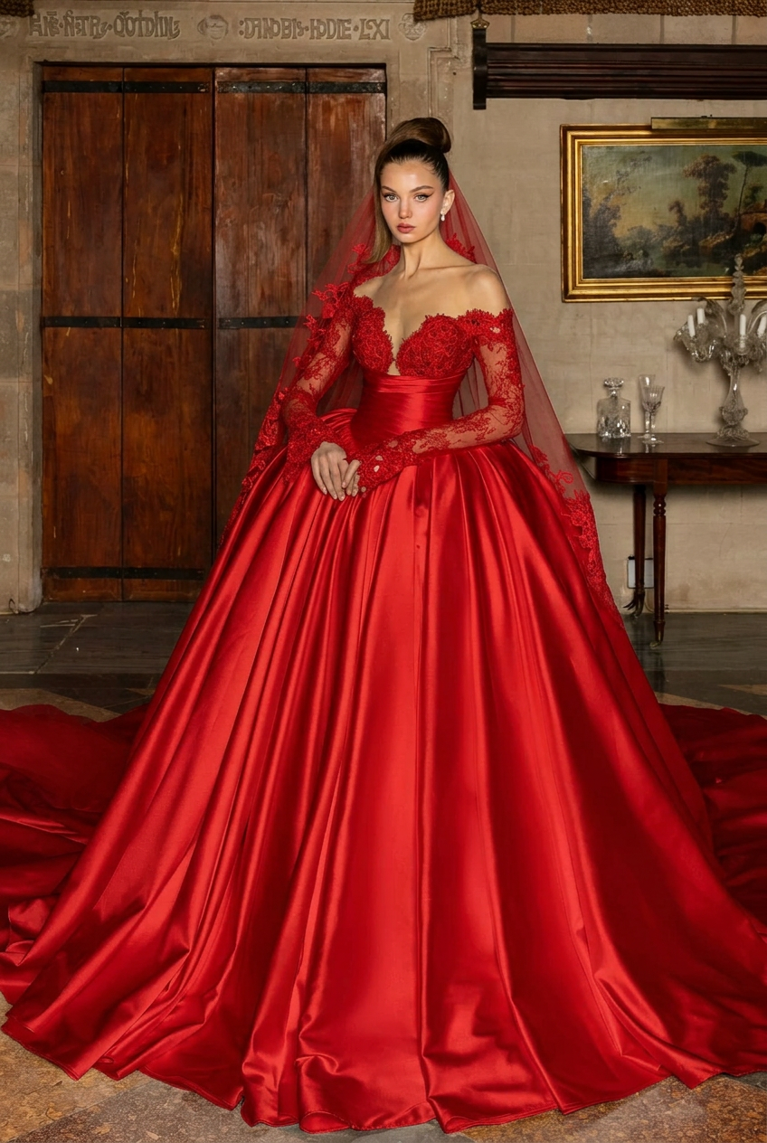 Red v-neck applique ball gown wedding dress