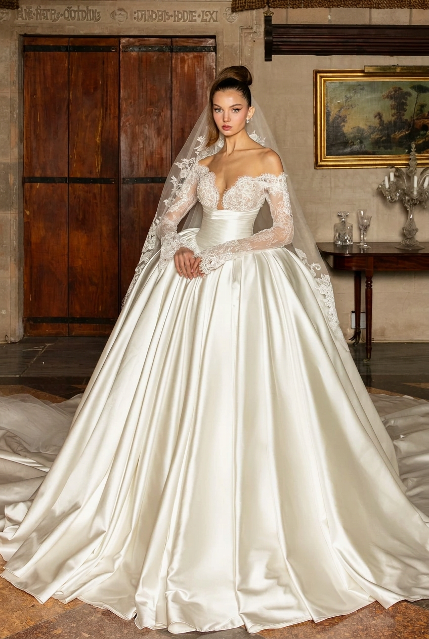 Ivory v-neck applique ball gown wedding dress