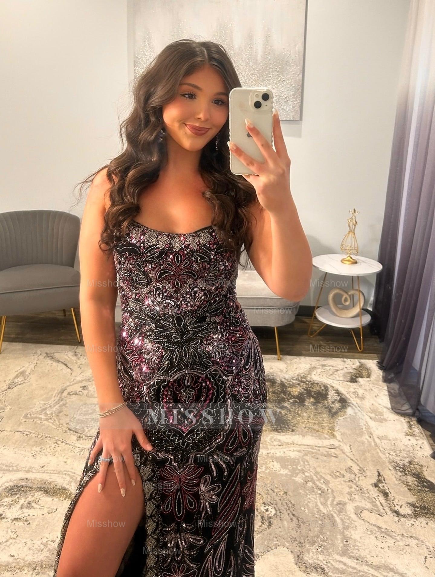 Vintage Long Black Mermaid Speghetti Straps Beaded Prom Dress with Slit