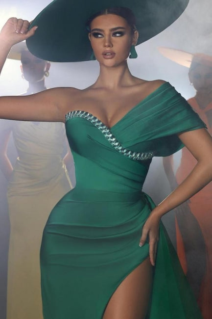 Vintage Long Green Mermaid One Shoulder Beading Prom Evening Dresses With Slit