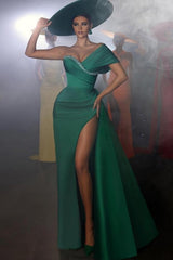 Vintage Long Green Mermaid One Shoulder Beading Prom Evening Dresses With Slit