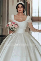 Vintage Long Ivory A-line Square Neck Satin Glitter Wedding Dress with Long Sleeves