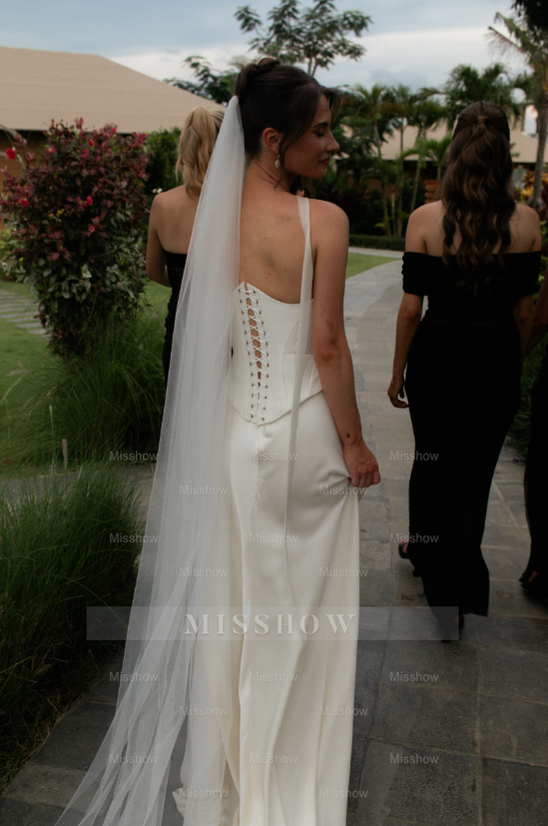 lace corset dress white Vintage Long White A-line Satin Strapless Corset Wedding Dress
