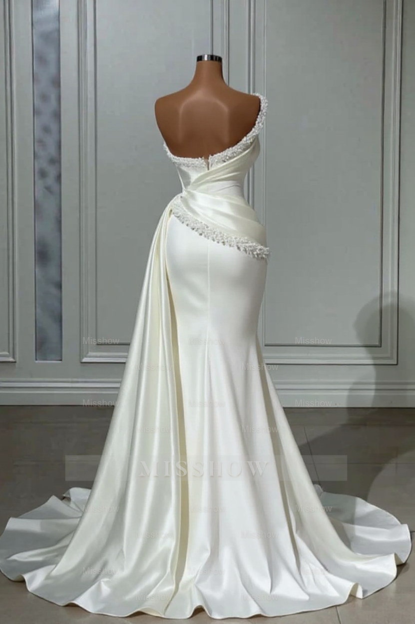 Vintage Long White One Shoulder Sleeveless Wedding Dresses With Beads misshow.com Vintage Long White One Shoulder Sleeveless Wedding Dresses With Beads misshow.com