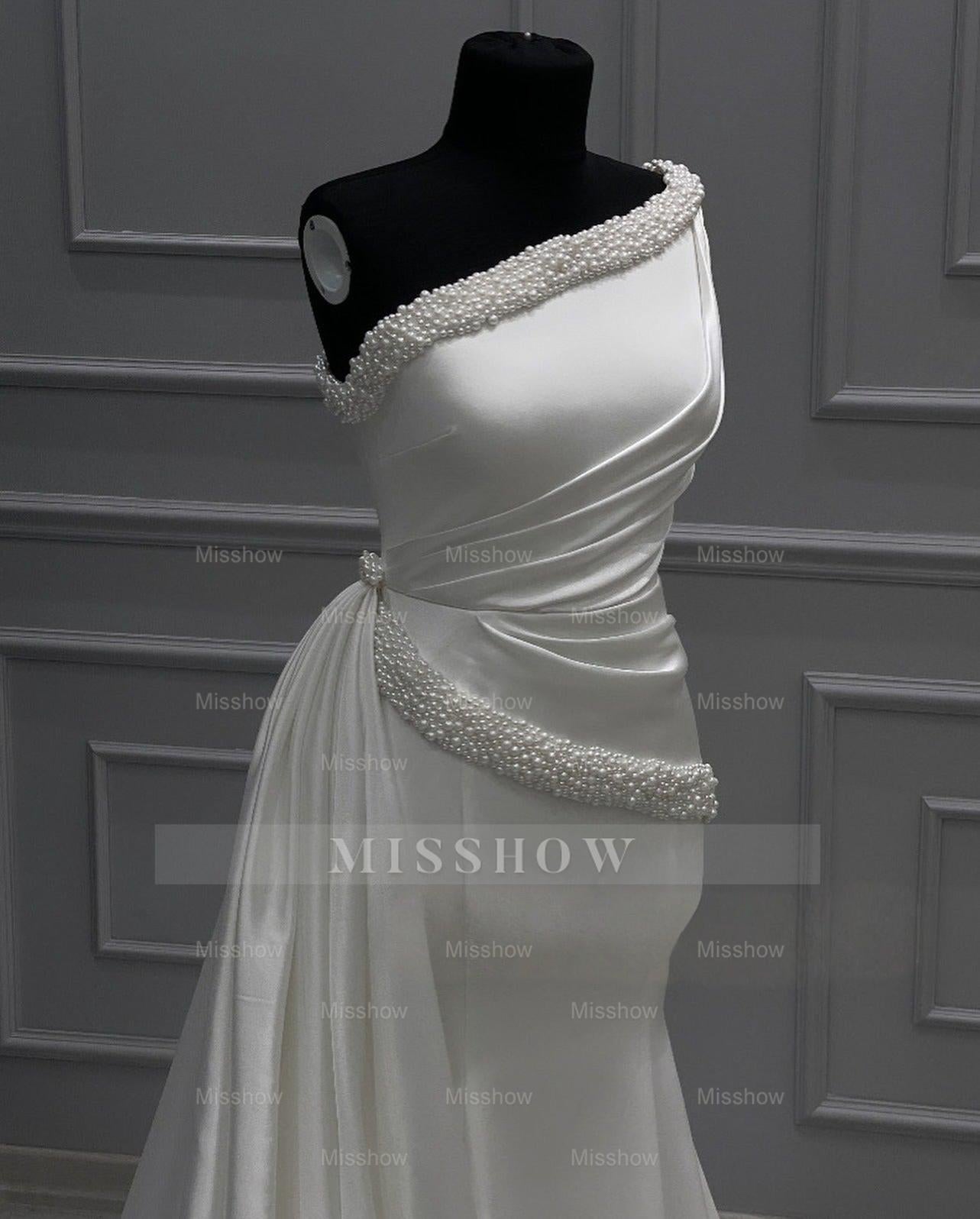 Vintage Long White One Shoulder Sleeveless Wedding Dresses With Beads