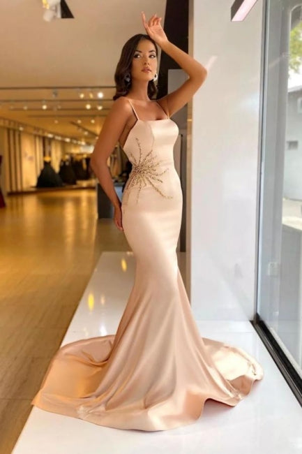 Vintage Mermaid Satin Spaghetti Straps Sleeveless Prom Evening Dresses