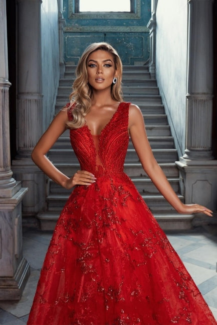 Vintage Red V-Neck Sleeveless A-Line Tulle Prom Evening Dresses with Applique