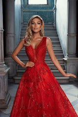 Vintage Red V-Neck Sleeveless A-Line Tulle Prom Evening Dresses with Applique