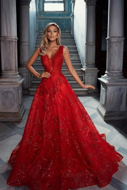 Vintage Red V-Neck Sleeveless A-Line Tulle Prom Evening Dresses with Applique