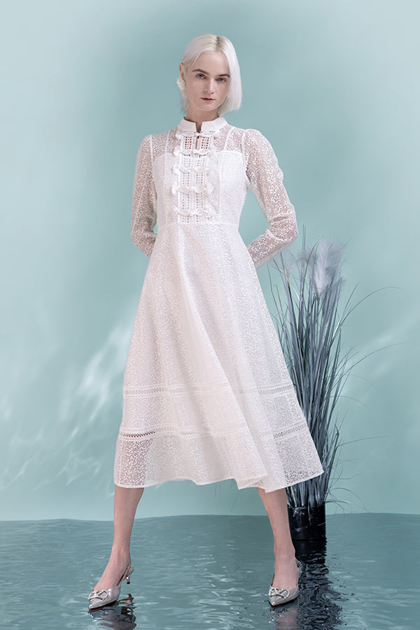 Vintage Tea Length White Scoop Neckline Long Sleeves Dress