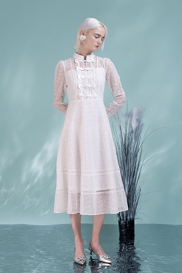 Vintage Tea Length White Scoop Neckline Long Sleeves Dress