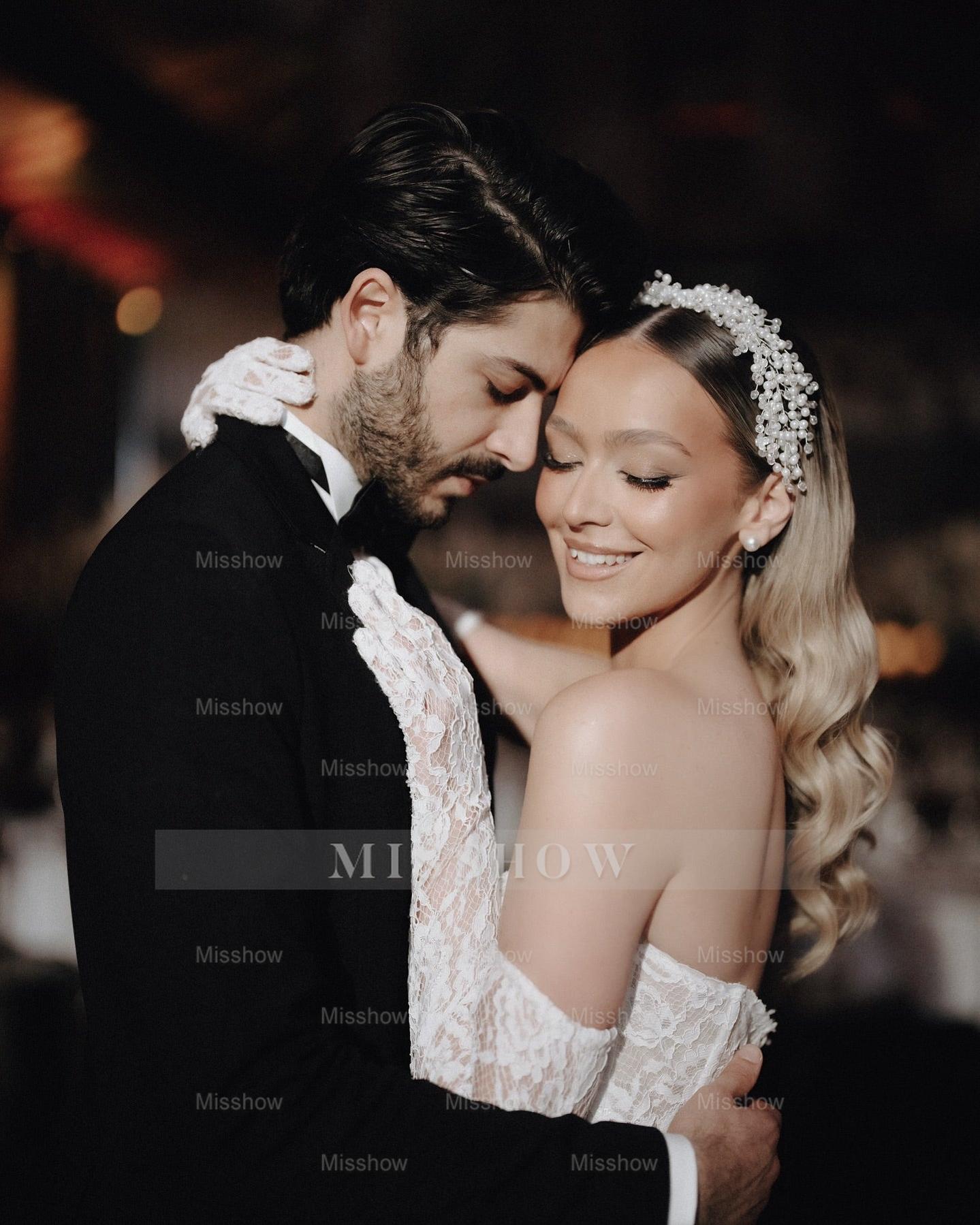 White strapless lace ball gown wedding dress