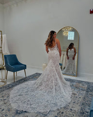 Vintage White Boho Mermaid Spaghetti Straps Sleeveless Lace Cathedral Train Wedding Dress