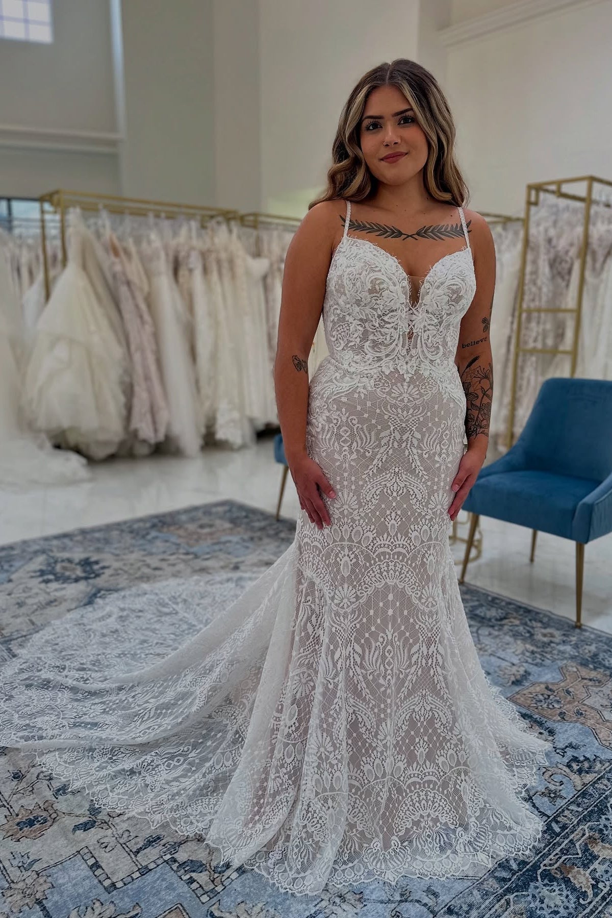 Vintage White Boho Mermaid Spaghetti Straps Sleeveless Lace Cathedral Train Wedding Dress