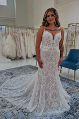 Vintage White Boho Mermaid Spaghetti Straps Sleeveless Lace Cathedral Train Wedding Dress