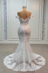 Vintage White Mermaid Sweetheart Off-The-Shoulder Chapel Train Lace Tulle Wedding Dresses With Appliques