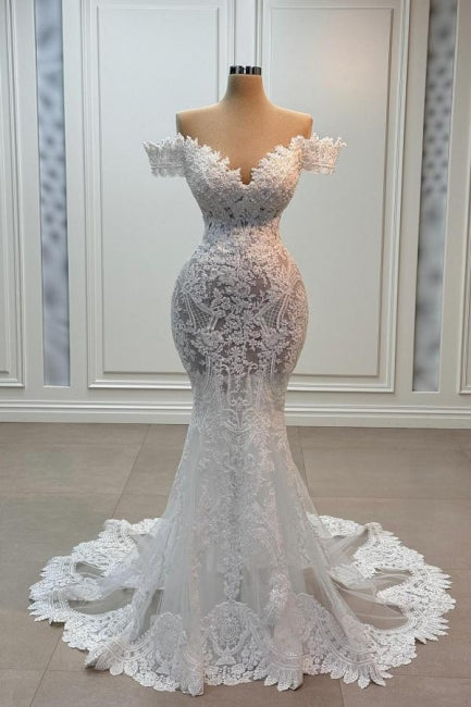 Vintage White Mermaid Sweetheart Off-The-Shoulder Chapel Train Lace Tulle Wedding Dresses With Appliques Vintage White Mermaid Sweetheart Off-The-Shoulder Chapel Train Lace Tulle Wedding Dresses With Appliques
