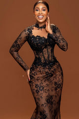 Vintage Brown Mermaid Crew Black Lace Beaded Long Sleeve Court Train Prom Evening Dresses