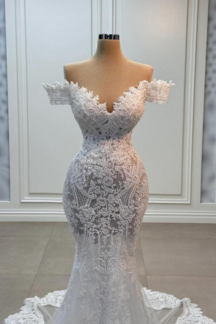 Vintage White Mermaid Sweetheart Off-The-Shoulder Chapel Train Lace Tulle Wedding Dresses With Appliques
