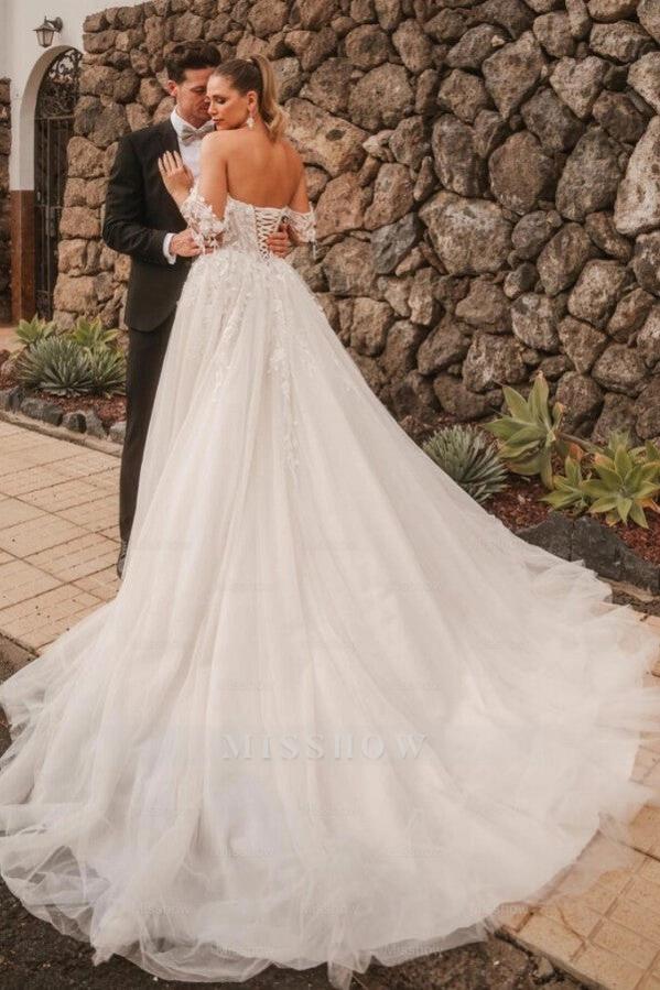 Vogue Ivory Off-The-Shoulder Sleeveless A-Line Wedding Dress with Appliques