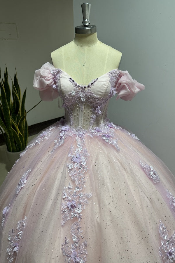 Misshow Pink Tulle Princess Ball Gown Sweetheart Neckline with Puff Sleeves Lace Appliques & Beaded Details for Quinceanera Sweet 16 or Evening Galas