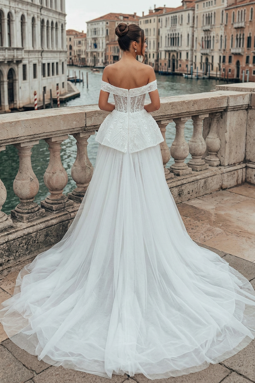 White 2-in-1 Wedding Dress Off Shoulder Illusion Boned Corset Lace Peplum Crystal Mini Detachable Cathedral Train White 2-in-1 Wedding Dress Off Shoulder Illusion Boned Corset Lace Peplum Crystal Mini Detachable Cathedral Train