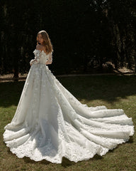 White 3D Floral Applique Ball Gown Wedding Dress Sweetheart Detachable Sleeves Lace Split Front Cathedral Train Bridal Gown