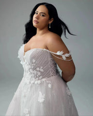 White 3D Floral Applique Beaded Ball Gown Wedding Dress Off-the-Shoulder Sleeveless Sparkle Tulle Open Back Cathedral Train Bridal Gown