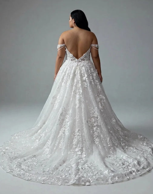 White 3D Floral Applique Beaded Ball Gown Wedding Dress Off-the-Shoulder Sleeveless Sparkle Tulle Open Back Cathedral Train Bridal Gown