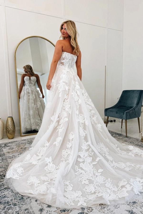 White 3D Floral Lace A-Line Wedding Dress Strapless Sweetheart Deep V Plunge Sheer Illusion Bodice Allover 3D Flower Applique Detachable Off-the-Shoulder Bishop Sleeves Cathedral Train Bridal Gown