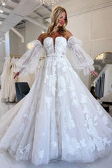 White 3D Floral Lace A-Line Wedding Dress Strapless Sweetheart Deep V Plunge Sheer Illusion Bodice Allover 3D Flower Applique Detachable Off-the-Shoulder Bishop Sleeves Cathedral Train Bridal Gown