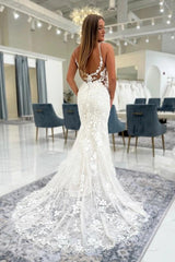 White 3D Floral Lace Mermaid Wedding Dress Deep V-Neck Spaghetti Straps Sheer Illusion Bodice Allover 3D Flower Leaf Applique Illusion Open Back Sweep Train Bridal Gown