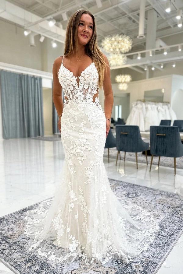 White 3D Floral Lace Mermaid Wedding Dress Deep V-Neck Spaghetti Straps Sheer Illusion Bodice Allover 3D Flower Leaf Applique Illusion Open Back Sweep Train Bridal Gown