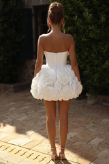 White 3D Rose Bubble Skirt Mini Wedding Dress Strapless Straight Neckline Satin Boned Corset Bodice Oversized 3D Rose Cluster Skirt Short Bridal Gown