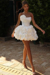 White 3D Rose Bubble Skirt Mini Wedding Dress Strapless Straight Neckline Satin Boned Corset Bodice Oversized 3D Rose Cluster Skirt Short Bridal Gown