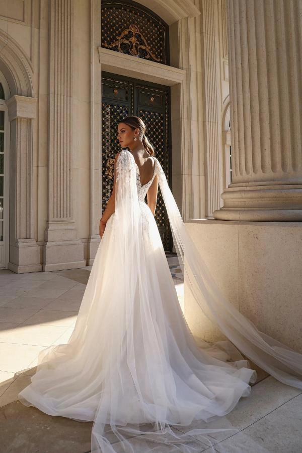 White A-Line Wedding Dress Deep V Plunge Sheer Illusion Boned Corset White Floral Lace Embroidery 3D White Floral Applique Wide Illusion Shoulder