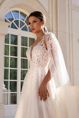White A-Line Wedding Dress Deep V Plunge Sheer Illusion Boned Corset White Floral Lace Embroidery 3D White Floral Applique Wide Illusion Shoulder Strap Deep V Open Back All-Over Floral Lace Tulle Detachable Cathedral Tulle Cape Cathedral Train Bridal Gown