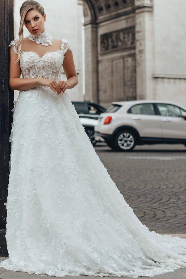 White A-Line Wedding Dress Illusion High Neck Sweetheart Cap Sleeve Sheer Illusion Boned Corset Dense 3D White Floral Applique All-Over 3D White Floral Applique Tulle Cathedral Train Bridal Gown