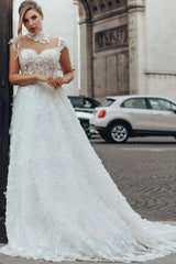 White A-Line Wedding Dress Illusion High Neck Sweetheart Cap Sleeve Sheer Illusion Boned Corset Dense 3D White Floral Applique All-Over 3D White Floral Applique Tulle Cathedral Train Bridal Gown