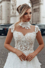 White A-Line Wedding Dress Illusion High Neck Sweetheart Cap Sleeve Sheer Illusion Boned Corset Dense 3D White Floral Applique All-Over 3D White Floral Applique Tulle Cathedral Train Bridal Gown