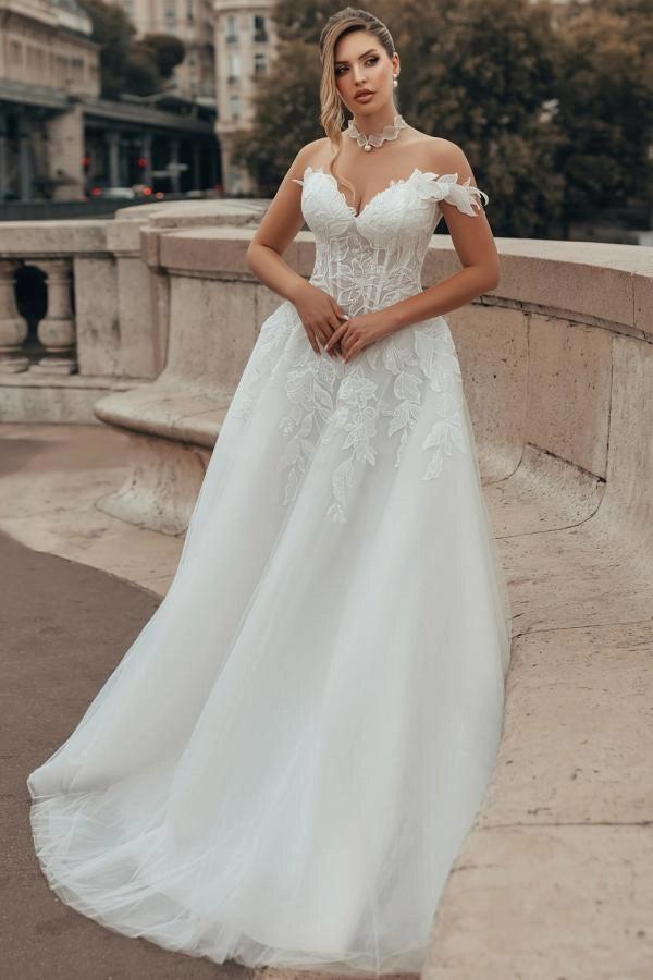 White A-Line Wedding Dress Off Shoulder Sweetheart 3D White Feather Floral Applique Shoulder Sheer Illusion Boned Corset White Baroque Scroll Vine Lace Embroidery Rhinestone Waist Belt All-Over Floral Lace Tulle Cathedral Train Bridal Gown